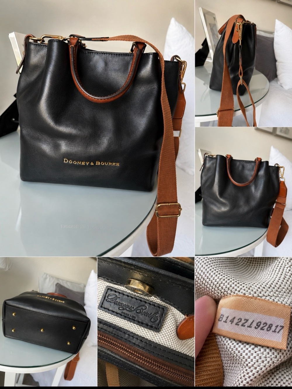 Dooney & Bourke Black Leather Tote with Brown Trim and Strap